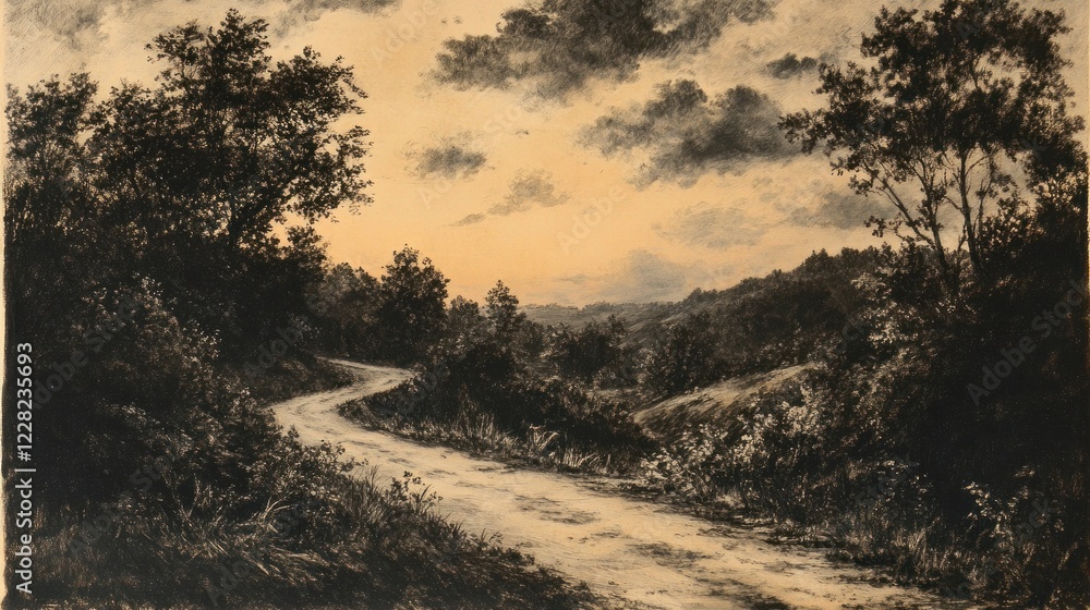 Fototapeta premium Winding Country Road at Sunset Beneath Cloudy Skies