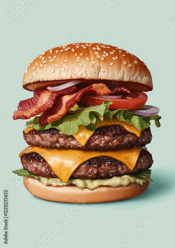 Close-Up of a Double Cheeseburger with Bacon: Juicy Beef and Melted Cheese photo