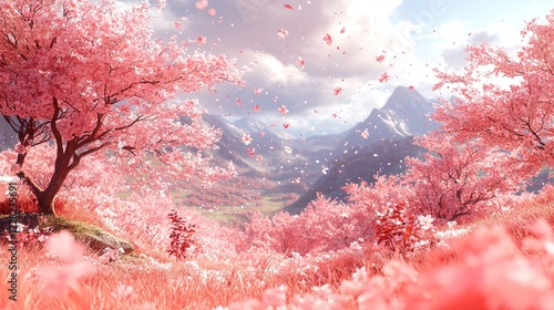 Dreamy Cherry Blossom Orchard in Full Spring Bloom with Falling Petals and Soft Pink Serenity