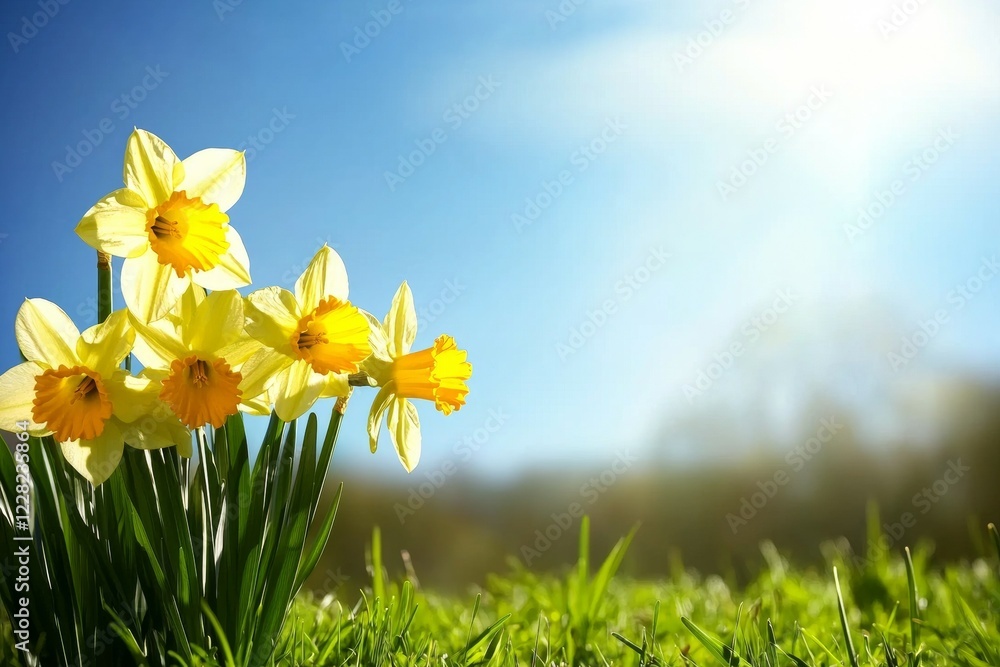 Fototapeta premium Field of yellow daffodils with a blue sky in the background
