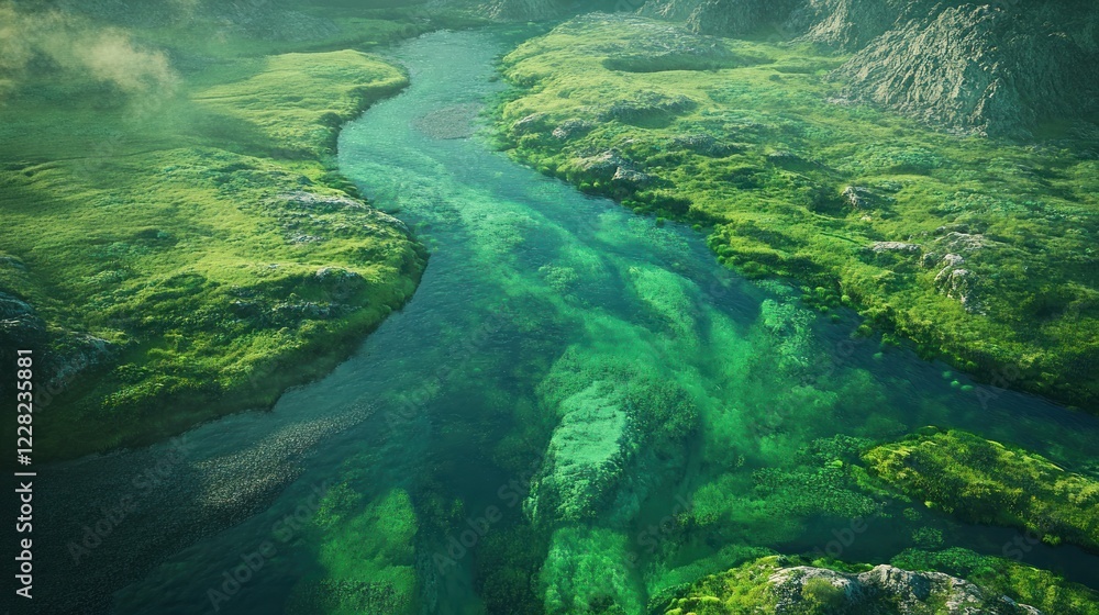Serene Green River Winding Through Lush Landscape Serene Green River Winding Through Lush Landscape