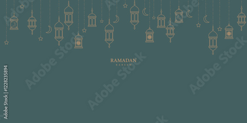 Ramadan Kareem Elegant Lantern Outline Background with Crescent Moon and Stars Islamic Festive Design