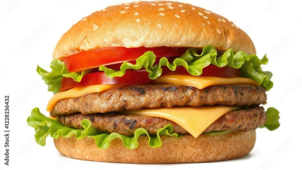 Juicy hamburger with lettuce, tomato, cheese, and beef patty isolated on a white background, food, close-up, fresh Juicy hamburger with lettuce, tomato, cheese, and beef patty isolated on a white background, food, close-up, fresh