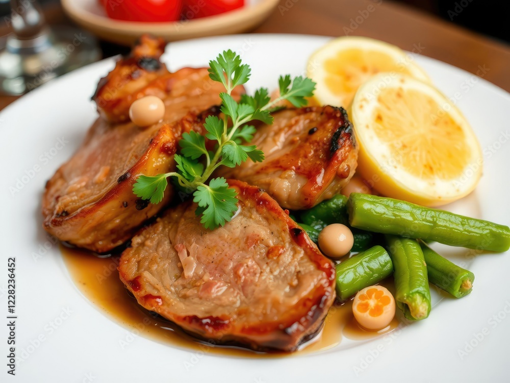 Juicy steak served with crispy potatoes and shaved Brussels sprouts on a white plate, dinner, nutrition, food Juicy steak served with crispy potatoes and shaved Brussels sprouts on a white plate, dinner, nutrition, food