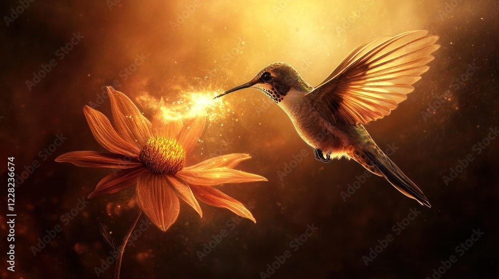 Naklejka premium Hummingbird Gathering Golden Light From A Flower