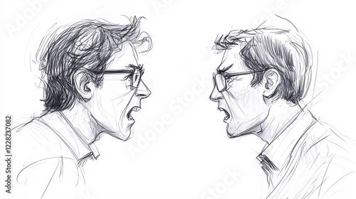 Hand-drawn caricature sketch of two men in a heated argument, highlighting intense expressions and gestures in a monochrome illustration photo