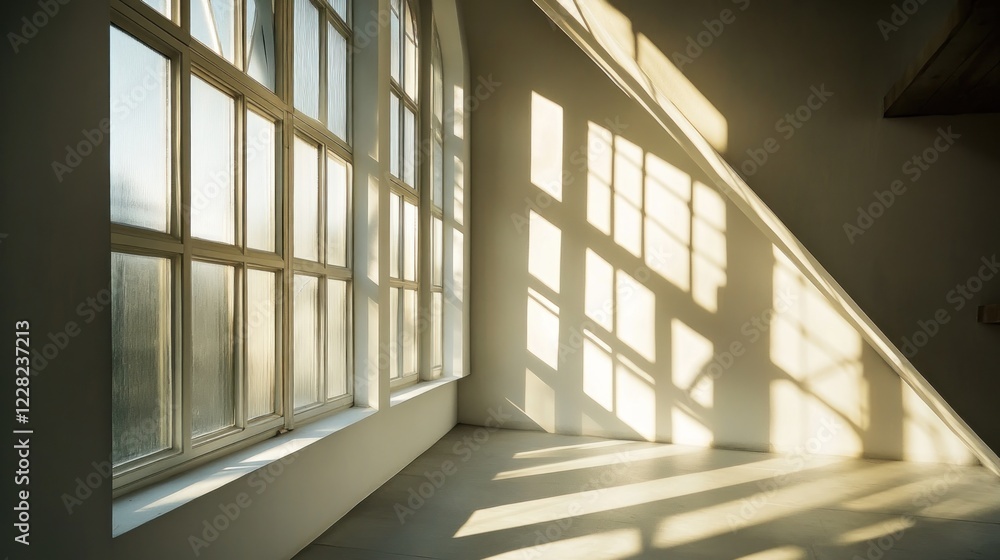 Fototapeta premium Sunlight streams through large windows illuminating a room