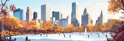 Ice skating rink with New York City skyline with skyscrapers.