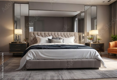 Luxurious bedroom with a plush king-size bed and an oversized mirror above it, modern, velvet drapes, elegant