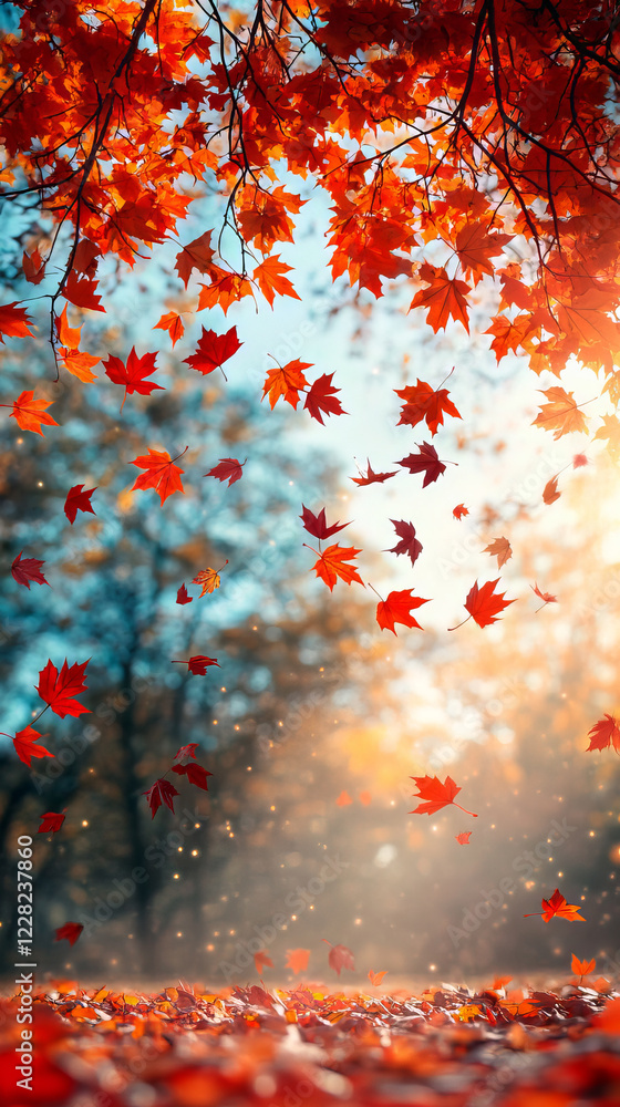 A serene autumn scene featuring vibrant red and orange maple leaves gently falling from the trees, illuminated by soft, warm sunlight filtering through a clear blue sky. A serene autumn scene featuring vibrant red and orange maple leaves gently falling from the trees, illuminated by soft, warm sunlight filtering through a clear blue sky.