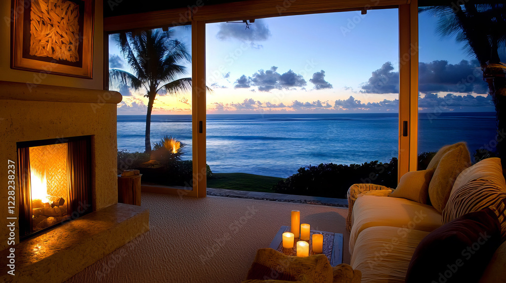 Fototapeta premium A Caribbean-inspired indoor setting with a fireplace casting a warm glow across the room. A plush carpet, cozy couch, and soft lighting from candles create an inviting space. 