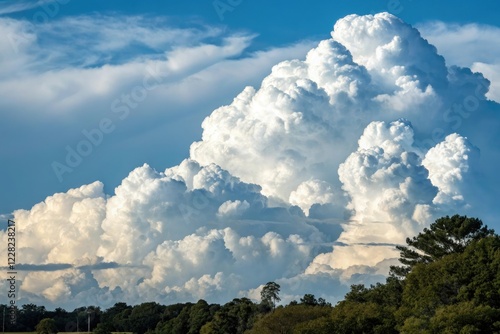 Majestic towering cumulus clouds with flat bases and rounded tops with puffy white clouds stacked on top of each other against a bright blue sky, peaceful, delicate, soft