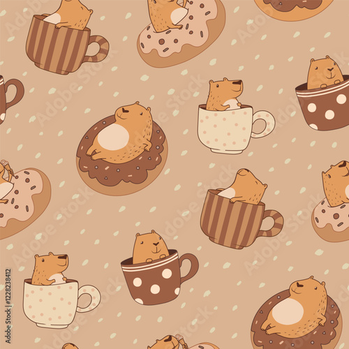 Cute funny capybara in cups on dots background. Cartoon vector animal character capibara sitting in donuts and mug. Capy repeat ornament