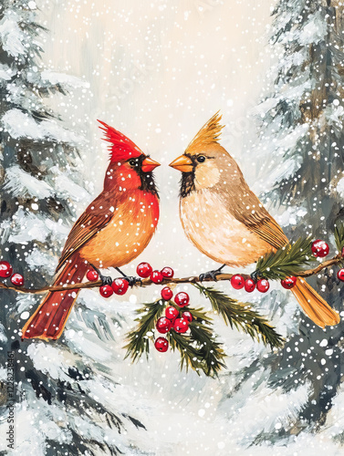 Birds illustration on a branch in winter with snow