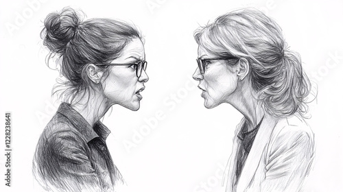 Hand-drawn sketch of two women in a heated argument facing each other in a monochrome pencil illustration with intense expression photo