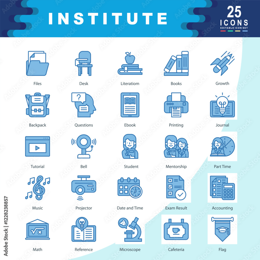 Institute icon set with Mentorship, Tutorial, Journal, Student, Microscope, Literation, Files, Math, Flag, Printing icon. Simple blue vector Institute icon set with Mentorship, Tutorial, Journal, Student, Microscope, Literation, Files, Math, Flag, Printing icon. Simple blue vector