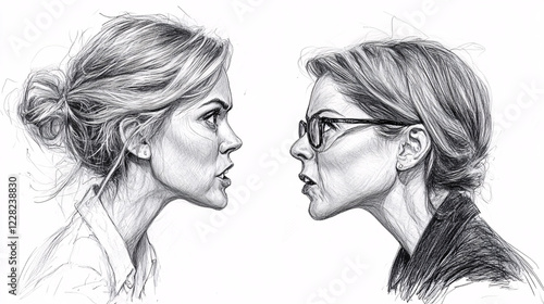 Hand-drawn sketch of two women in a heated argument facing each other in a monochrome pencil illustration with intense expression photo