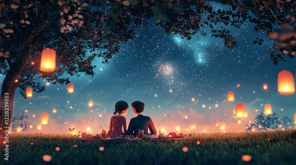A 3D Cartoon Couple Enjoying a Candlelit Picnic Under Floating Lanterns A 3D Cartoon Couple Enjoying a Candlelit Picnic Under Floating Lanterns