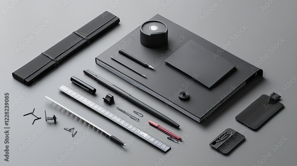 Flat lay of black office supplies on gray surface Flat lay of black office supplies on gray surface