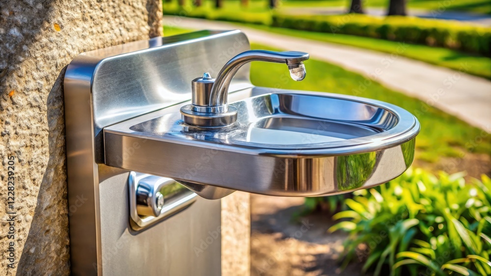 Modern drinking fountain with chrome finish and water flowing from a spout, urban decor, modern, water features, stainless steel Modern drinking fountain with chrome finish and water flowing from a spout, urban decor, modern, water features, stainless steel