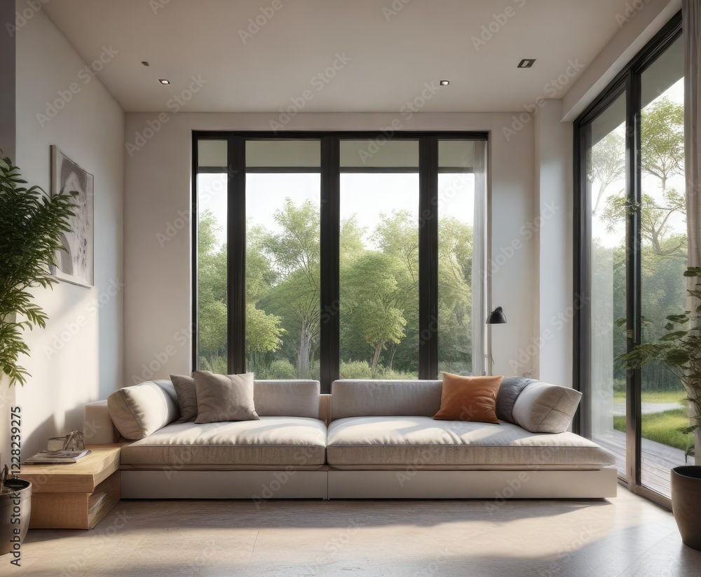 Modern minimalist house with a large window seat and a comfortable reading nook , comfortable seating, soft textiles Modern minimalist house with a large window seat and a comfortable reading nook , comfortable seating, soft textiles