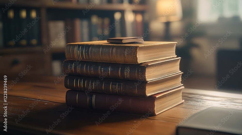 Antique Books Stacked on Wooden Tabletop Antique Books Stacked on Wooden Tabletop