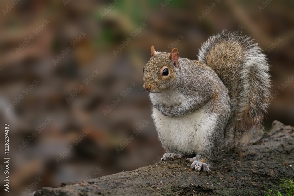 Grey squirrel perched on a tree log. Grey squirrel perched on a tree log.