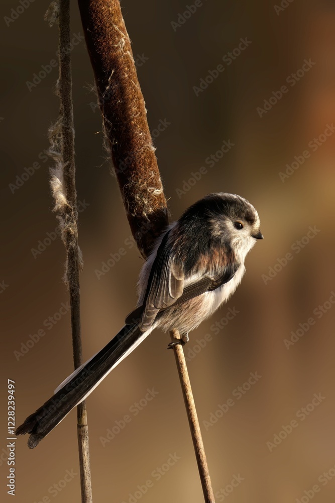 Naklejka premium Long-tailed tit on a reed