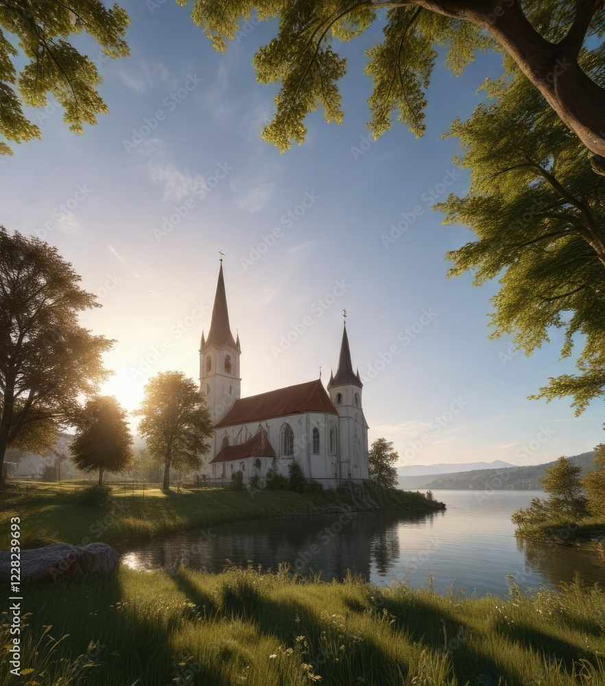 Morgenlicht über Starnberger See und Feldafinger Kirche, starnberger see, finger church germany, morninglight on lake starnberg Morgenlicht über Starnberger See und Feldafinger Kirche, starnberger see, finger church germany, morninglight on lake starnberg