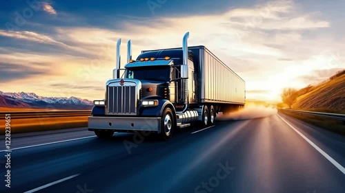 Majestic truck cruising down the highway under a vibrant sunset, showcasing freedom and adventure on the open road