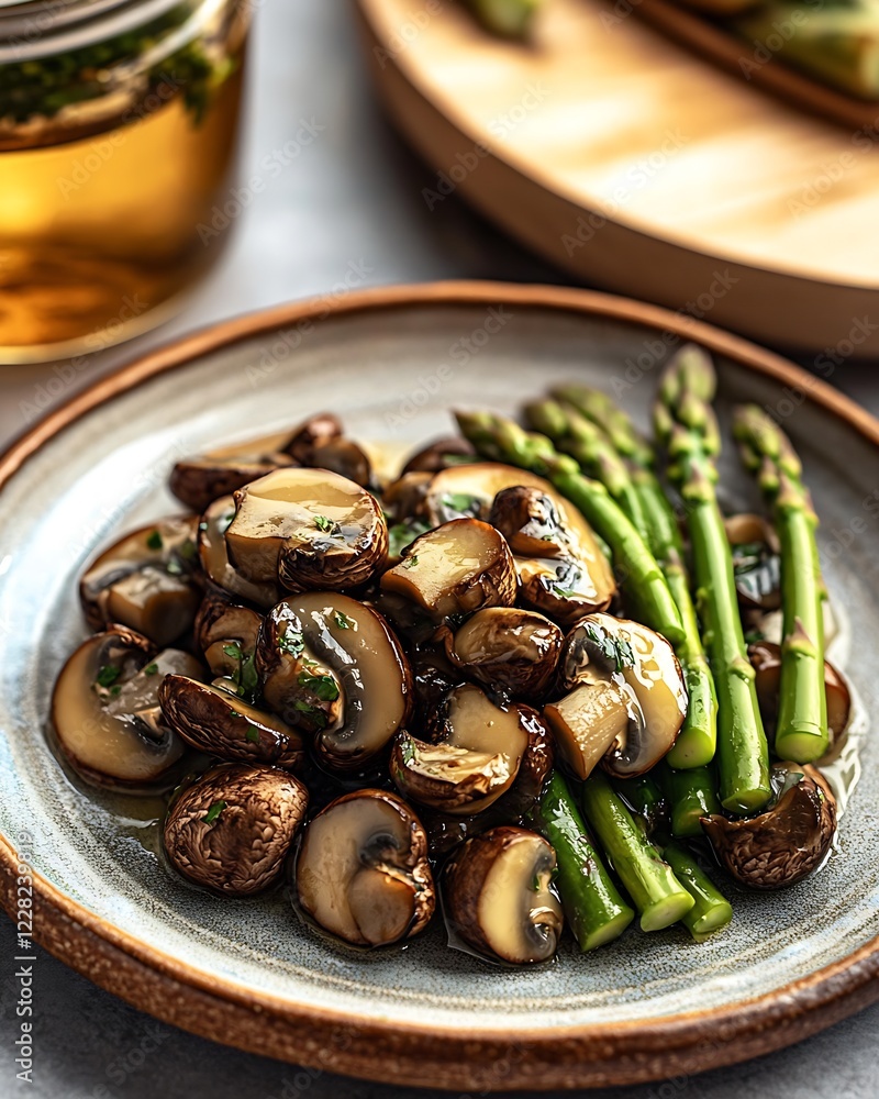 Gourmet Dish Featuring Glazed Mushrooms and Fresh Asparagus on Ceramic Plate : Generative AI Gourmet Dish Featuring Glazed Mushrooms and Fresh Asparagus on Ceramic Plate : Generative AI