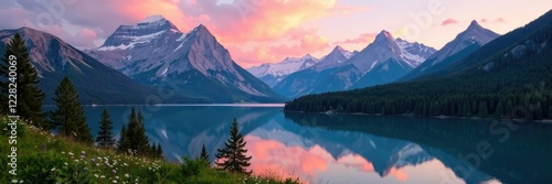 Mountain peaks and lake at dawn in whitefish montana, trees, mountains