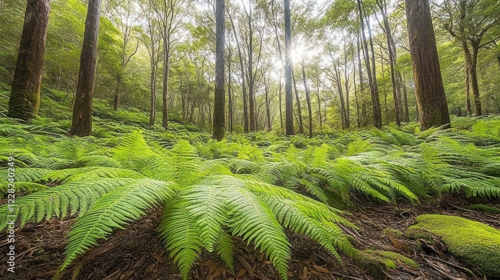 Lush Green Ferns Flourish Beneath Sunlight Dappled Forest Trees Lush Green Ferns Flourish Beneath Sunlight Dappled Forest Trees