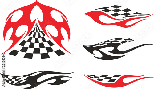 Vector Racing Flame Designs with Checkered Flags for Vehicle Vinyl Decals. Ready-to-cut graphics, great for sport cars, ATVs, trucks, motors and bikes.
