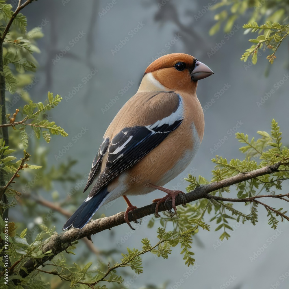 Hawfinch perched on a thin branch with small twigs and leaves surrounding it, hawfinch, tree, habitat Hawfinch perched on a thin branch with small twigs and leaves surrounding it, hawfinch, tree, habitat