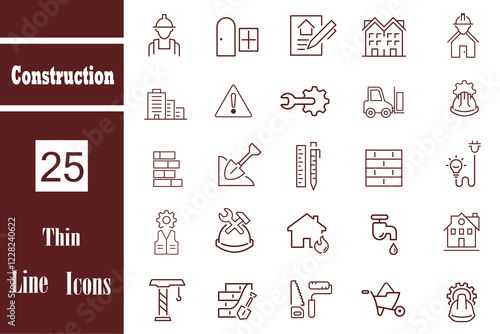 Construction machinery and tools line Icons set. Construction equipment and tools, stages of construction and renovations. Build, house repair tools, engineering, builder icon. Vector illustration