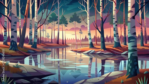 Ethereal birch trees, mirrored in a swampy river's still surface, a Russian forest dream.
