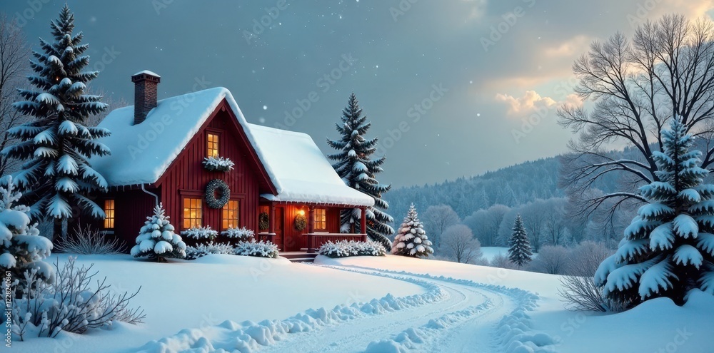 Naklejka premium Vintage-inspired Christmas scene in a snowy landscape with a cottage, cottage, snow, serene