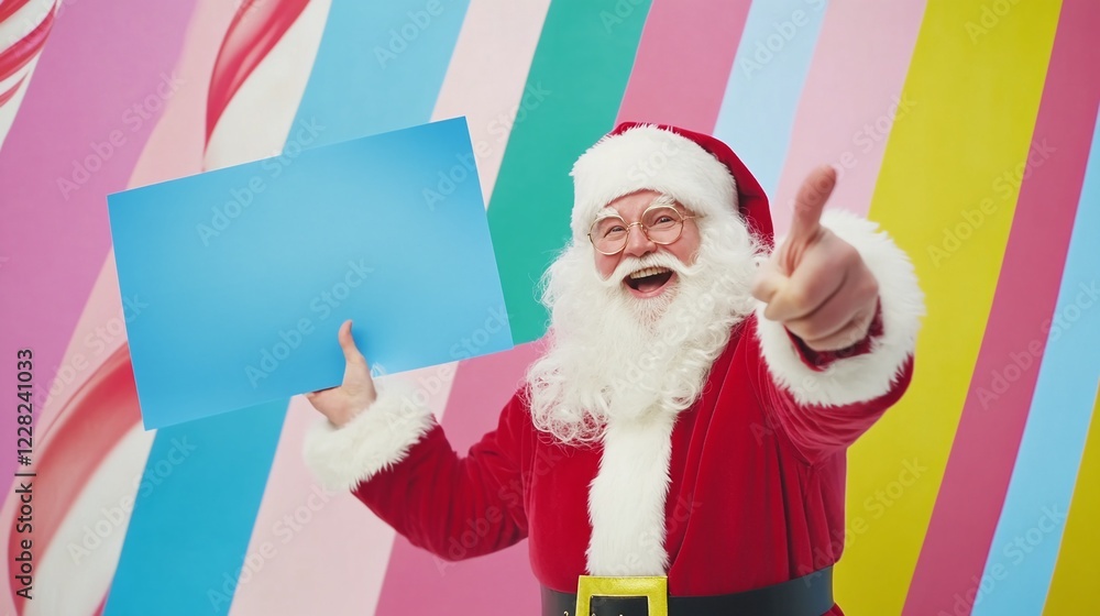 Naklejka premium Festive Santa Claus Pointing at a Blank Blue Banner - Perfect for Holiday Promotions, Advertising, and Fun Christmas-Themed Designs