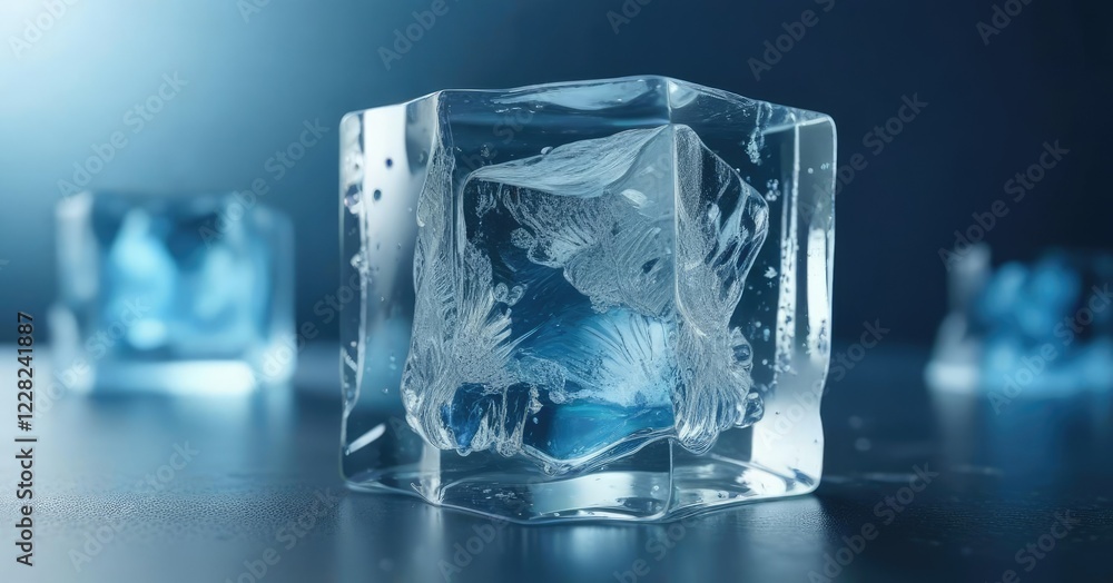 intricate detailed abstract ice cube in a blue light environment, glassy surface, serene atmosphere intricate detailed abstract ice cube in a blue light environment, glassy surface, serene atmosphere