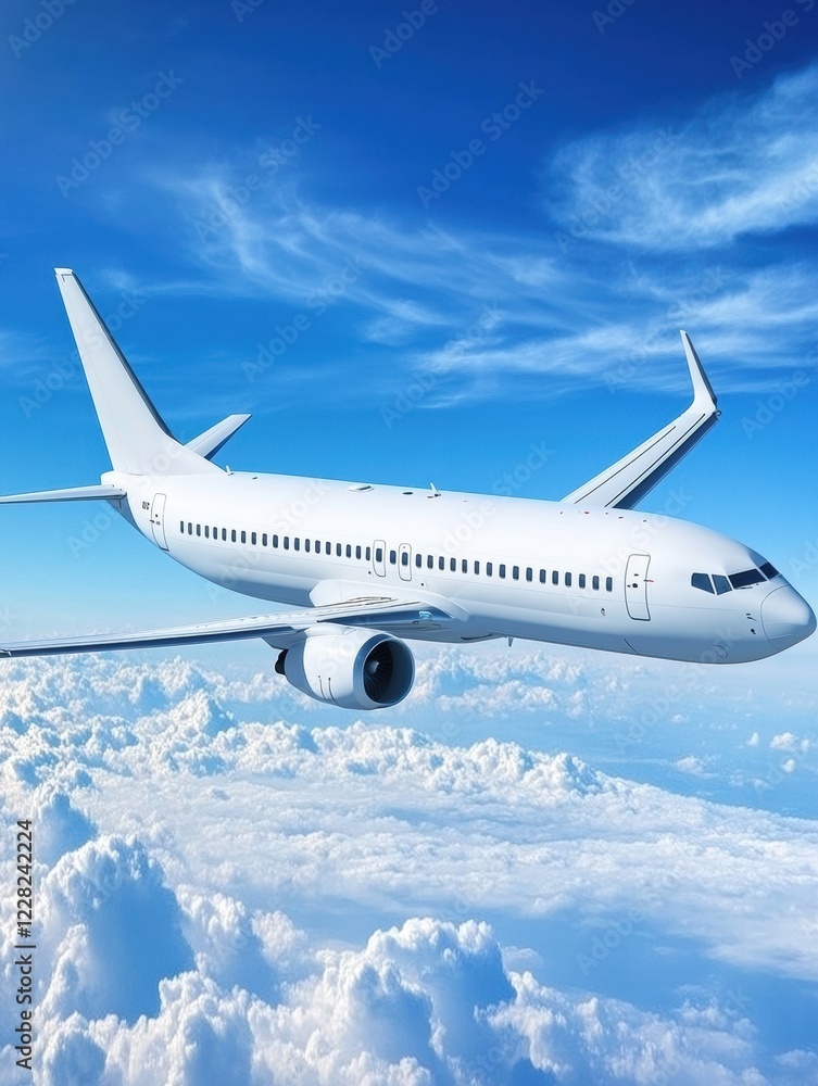 Fototapeta premium Airplane cruising above fluffy white clouds during a bright sunny day in the open sky. Generative AI