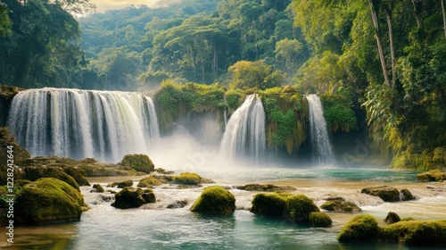 Lush jungle waterfall cascades, mist, calm pool. Travel, nature poster