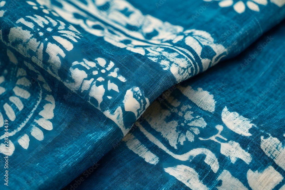 Close-up of a soft Indian cotton fabric with hand-block printing, showcasing the vibrant yet elegant designs. Close-up of a soft Indian cotton fabric with hand-block printing, showcasing the vibrant yet elegant designs.