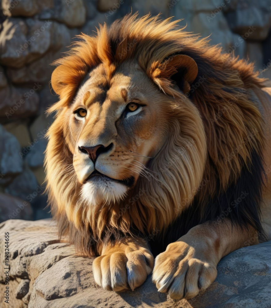 Majestic lion stretches its mane on a weathered stone, wildlife, earthy tones, majestic animal Majestic lion stretches its mane on a weathered stone, wildlife, earthy tones, majestic animal