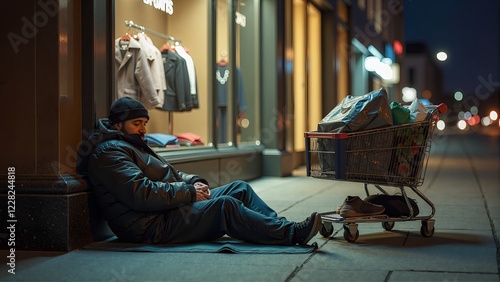 A homeless man sleeps on a cold street, his life derailed by misfortune. A cart filled with meager possessions stands nearby photo