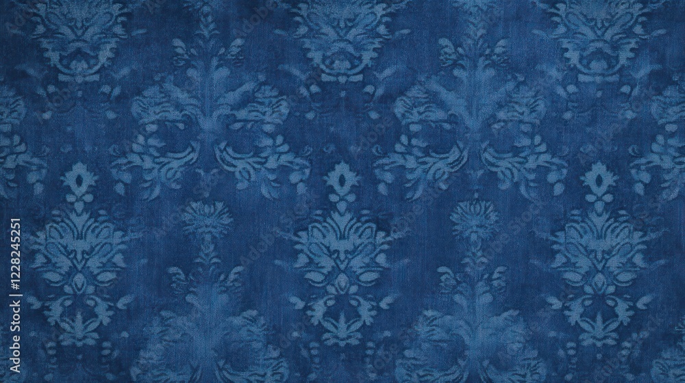 Blue Fabric Shows Intricate Damask Pattern Design Blue Fabric Shows Intricate Damask Pattern Design