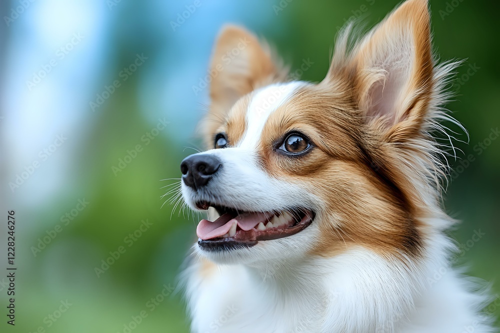 Adorable Papillon dog with distinctive butterfly ears smiling against blurred green background, showing white and sable coat and bright blue eyes. Adorable Papillon dog with distinctive butterfly ears smiling against blurred green background, showing white and sable coat and bright blue eyes.