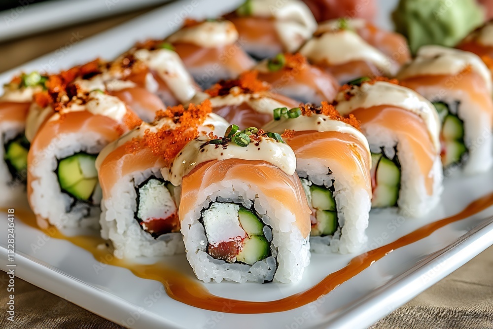Exquisite Sushi Roll Presentation with Fresh Salmon and Rice : Generative AI Exquisite Sushi Roll Presentation with Fresh Salmon and Rice : Generative AI