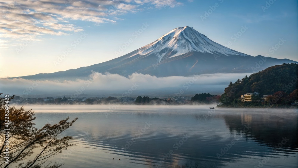 Mountain Fuji with morning fog at lake Kawaguchiko, foggy mountains, serene lake, foggy mountains, lakeside scenery Mountain Fuji with morning fog at lake Kawaguchiko, foggy mountains, serene lake, foggy mountains, lakeside scenery