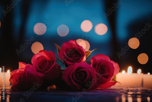 A romantic ambiance fills the dark room, where red roses bloom beside flickering candles, casting soft shadows against a serene blue backdrop.